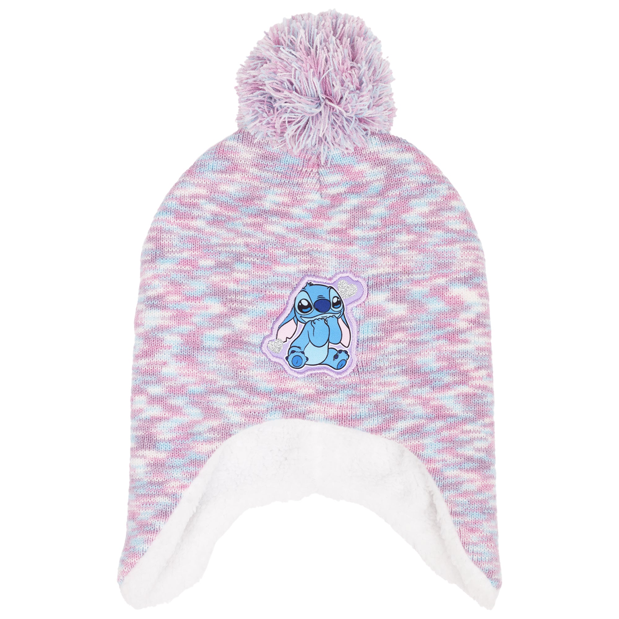 Disney Stitch Beanie Hat and Gloves Set, Toddlers Marled Peruvian Winter Knit Cap with Pom and Matching Mittens, Pink, One Size