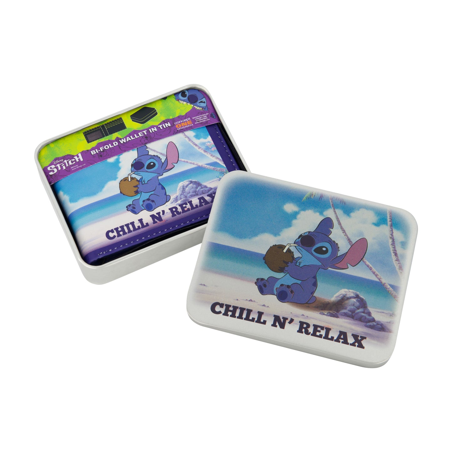 Disney STITCH CHILL N RELAX PRINT Bifold Wallet, Slim Wallet with Decorative Tin Unisex