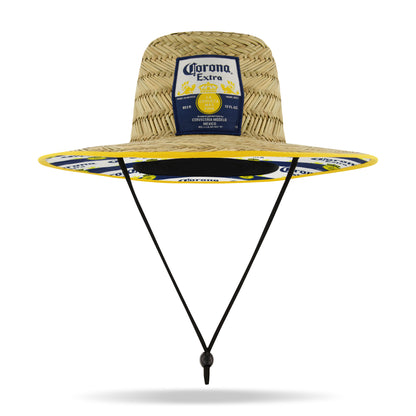 Corona Extra Branded Straw Sun Hat with Blue and Yellow Striped Brim