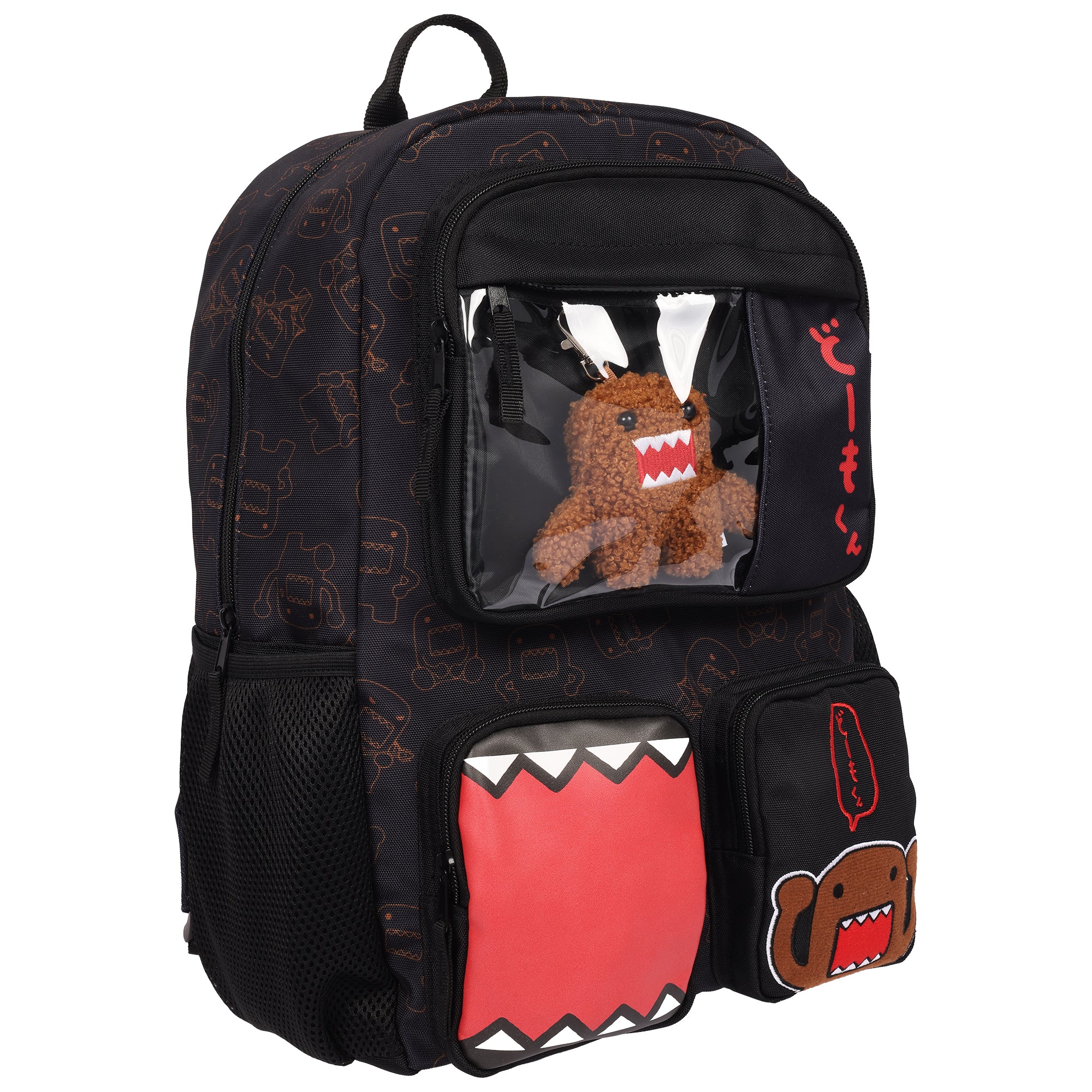 Domo Character Backpack with Clear Window Pocket & Plush Clip Keychain, Multi-Pocket School Bag