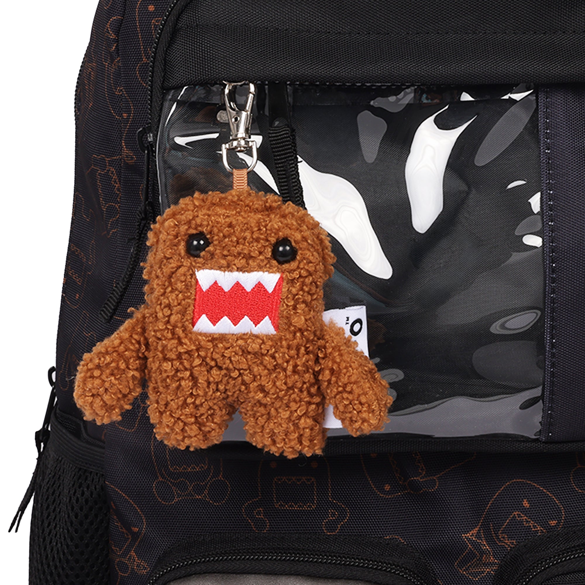 Domo Character Backpack with Clear Window Pocket & Plush Clip Keychain, Multi-Pocket School Bag
