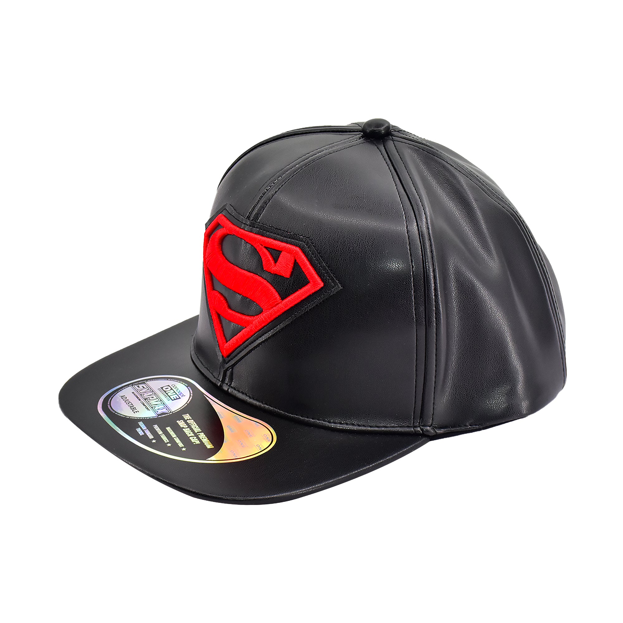 DC Comics Superman Black Faux Leather Snapback Hat – Red Logo Flat Brim Cap
