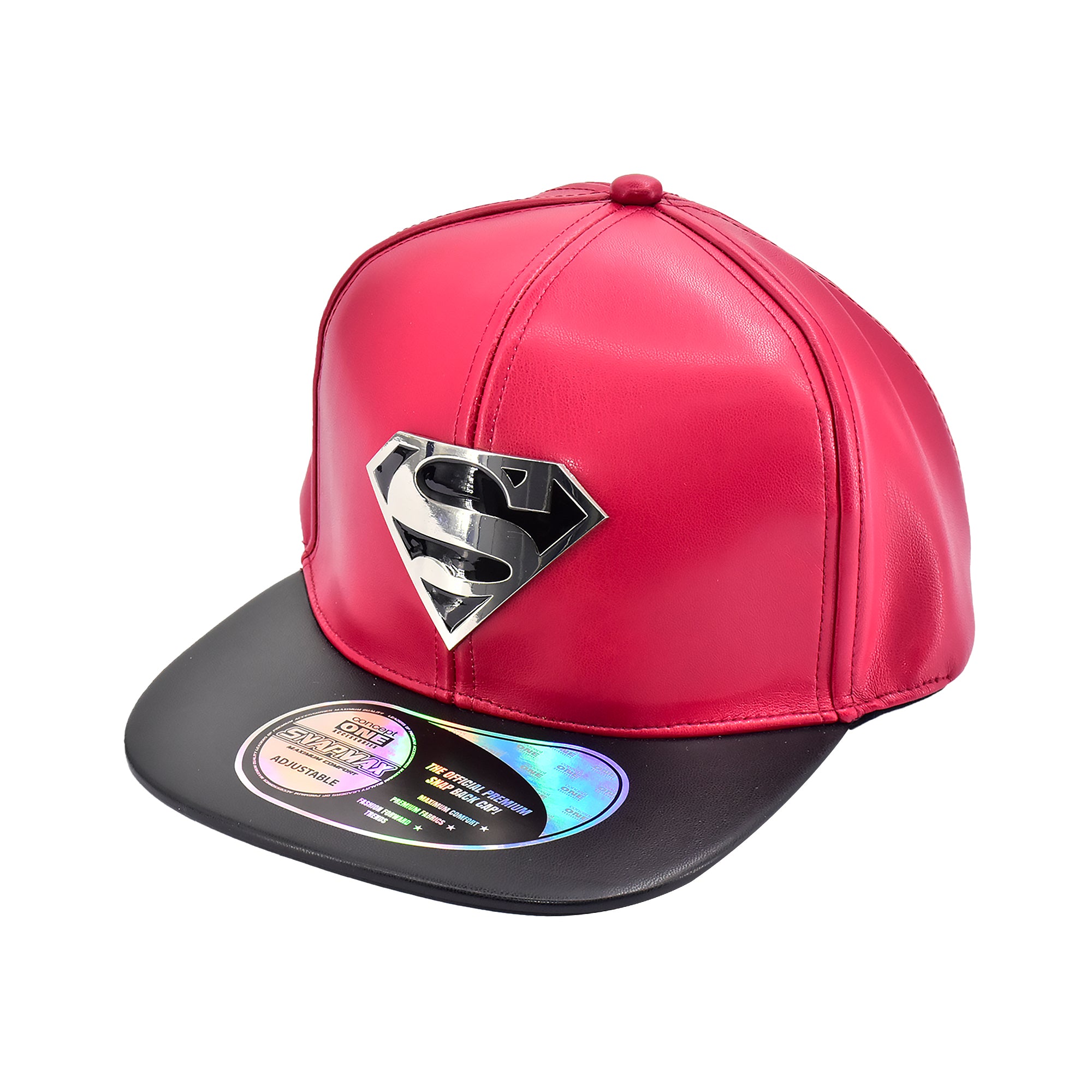 DC Comics Superman Metal Logo Faux Leather Snapback Hat Flat Brim Adjustable Cap