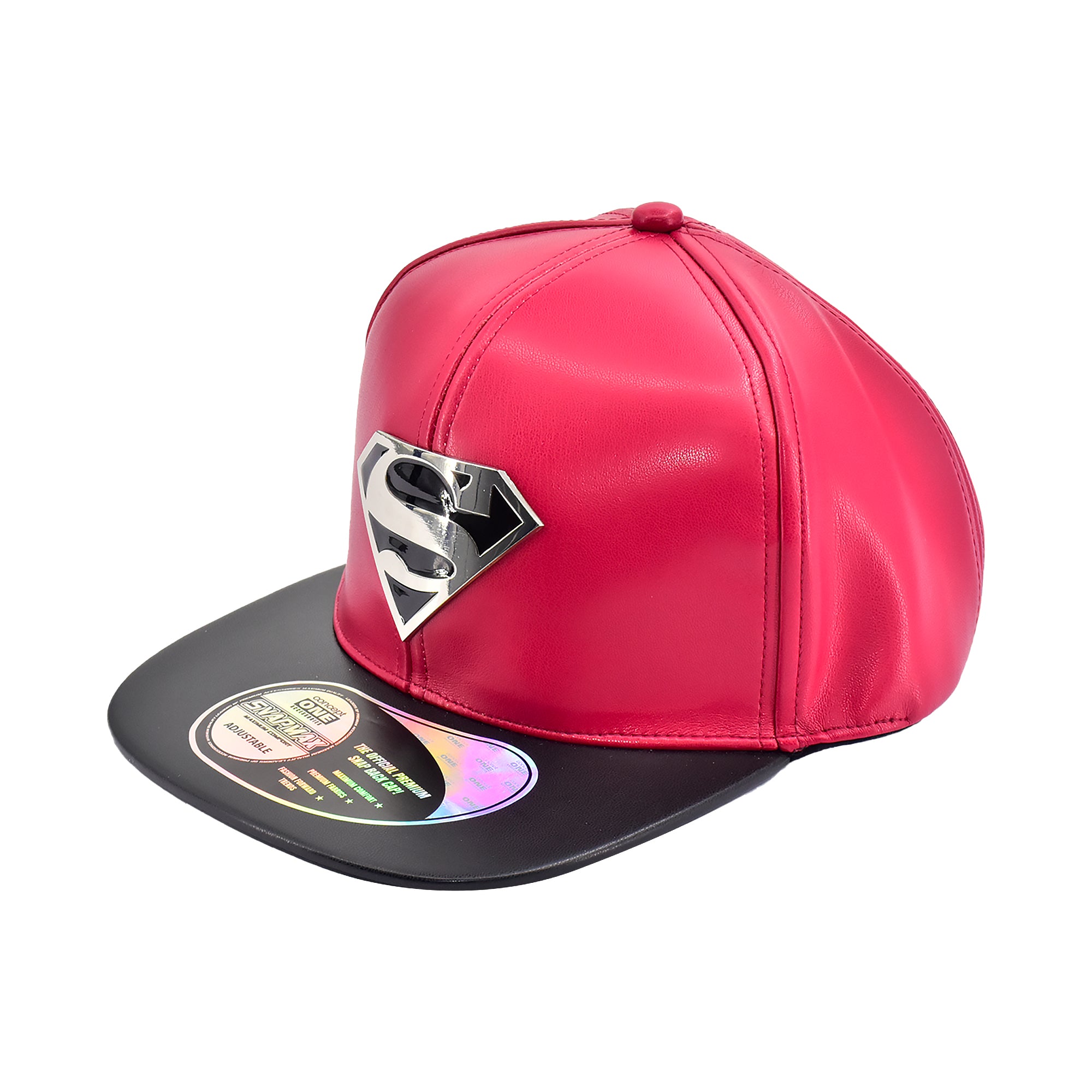 DC Comics Superman Metal Logo Faux Leather Snapback Hat Flat Brim Adjustable Cap