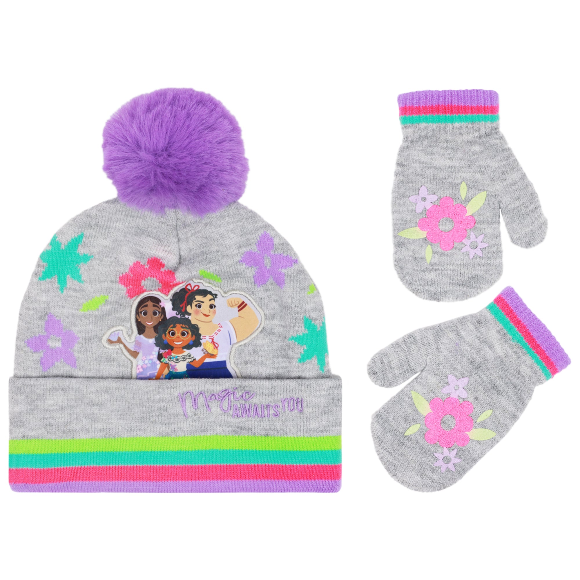Disney Encanto Toddler Girls’ Winter Hat & Mittens Set – “Magic Awaits You” Pom Beanie