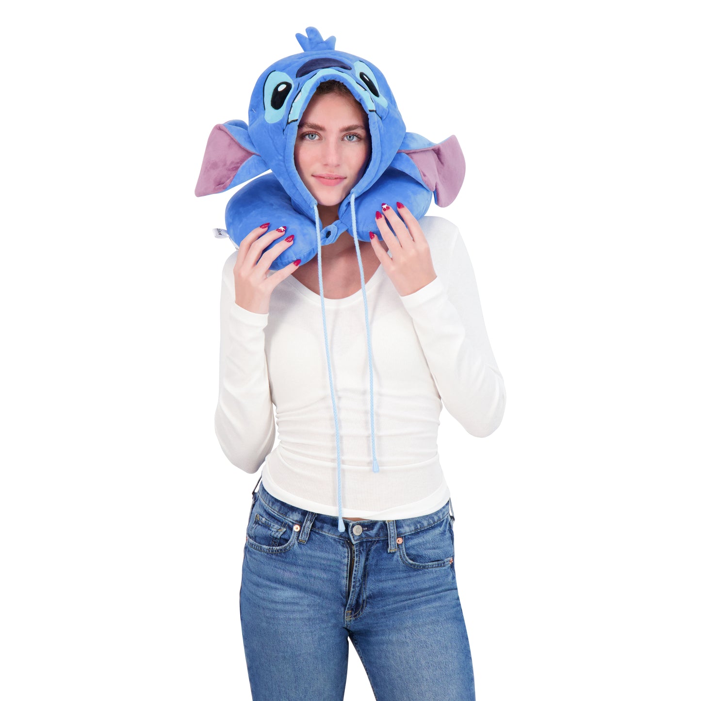 FUL Disney Stitch Hooded Neck Pillow with 3D Ears, Travel Accessories for Airplane, Car and Office, Comfortable and Breathable, Blue