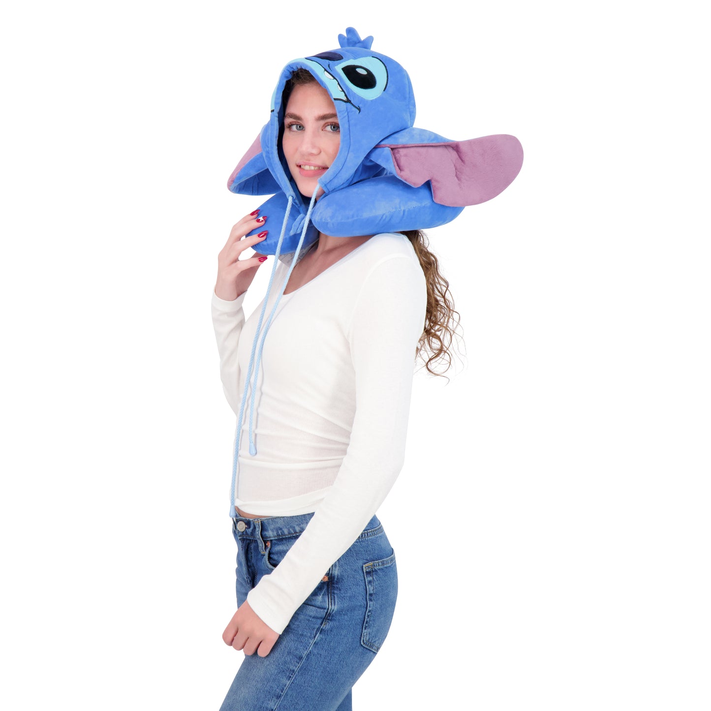 FUL Disney Stitch Hooded Neck Pillow with 3D Ears, Travel Accessories for Airplane, Car and Office, Comfortable and Breathable, Blue