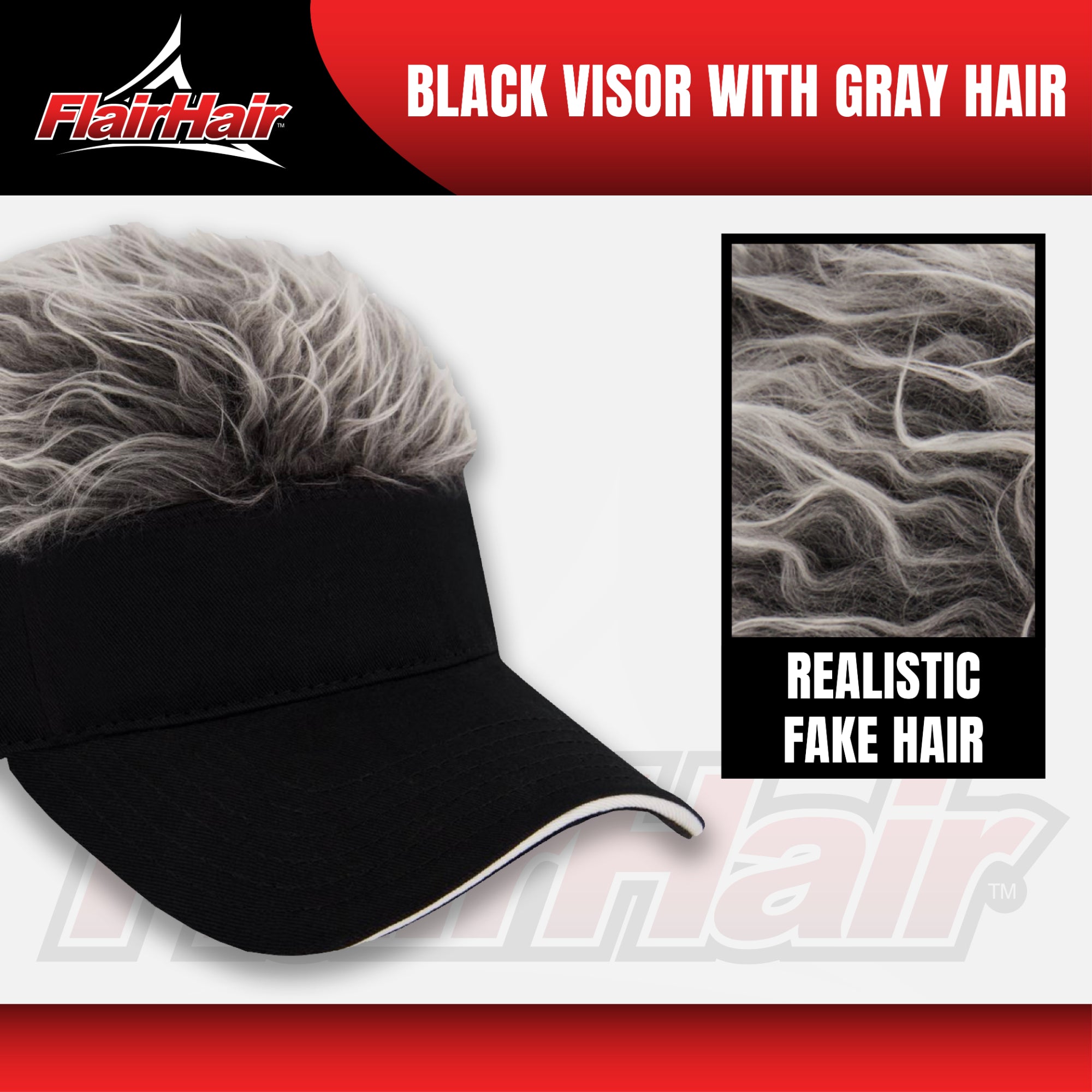 Flair Hair Sun Visor Cap with Fake, Grey Hair with Black Adjustable Baseball Hat, One Size