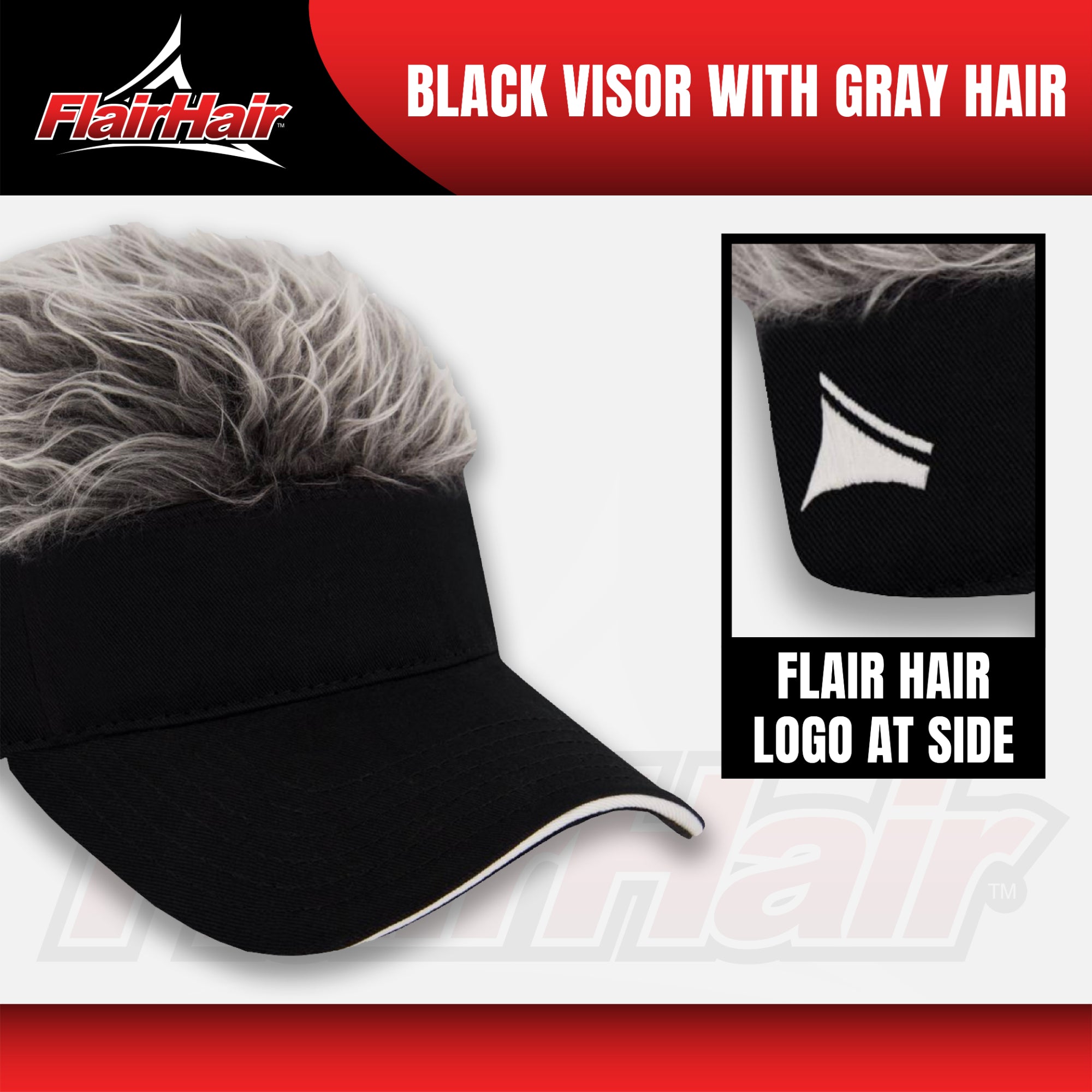 Flair Hair Sun Visor Cap with Fake, Grey Hair with Black Adjustable Baseball Hat, One Size
