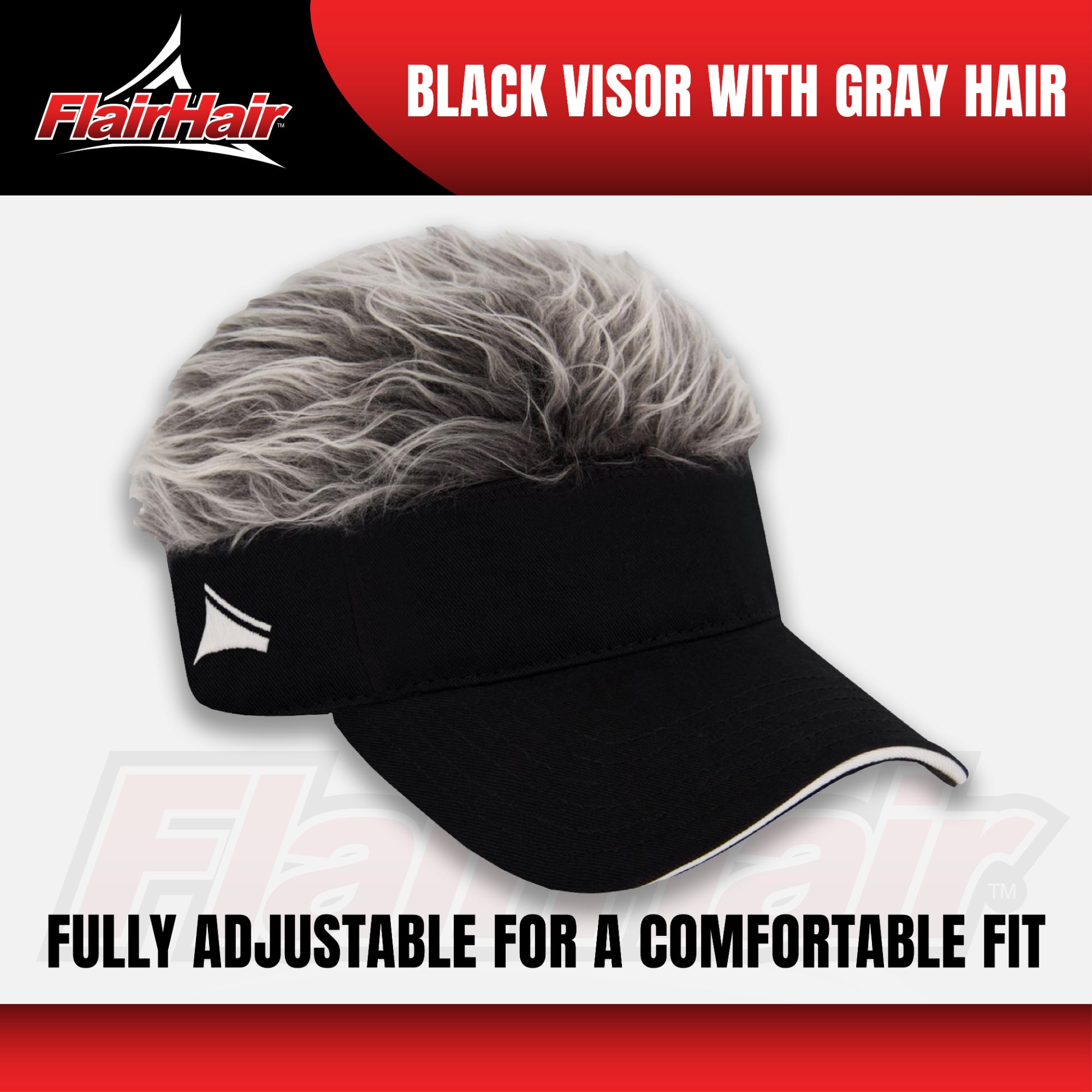 Flair Hair Sun Visor Cap with Fake, Grey Hair with Black Adjustable Baseball Hat, One Size