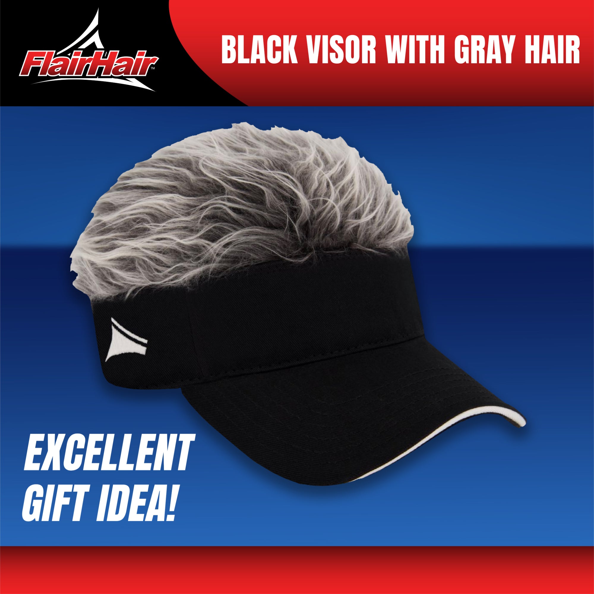 Flair Hair Sun Visor Cap with Fake, Grey Hair with Black Adjustable Baseball Hat, One Size