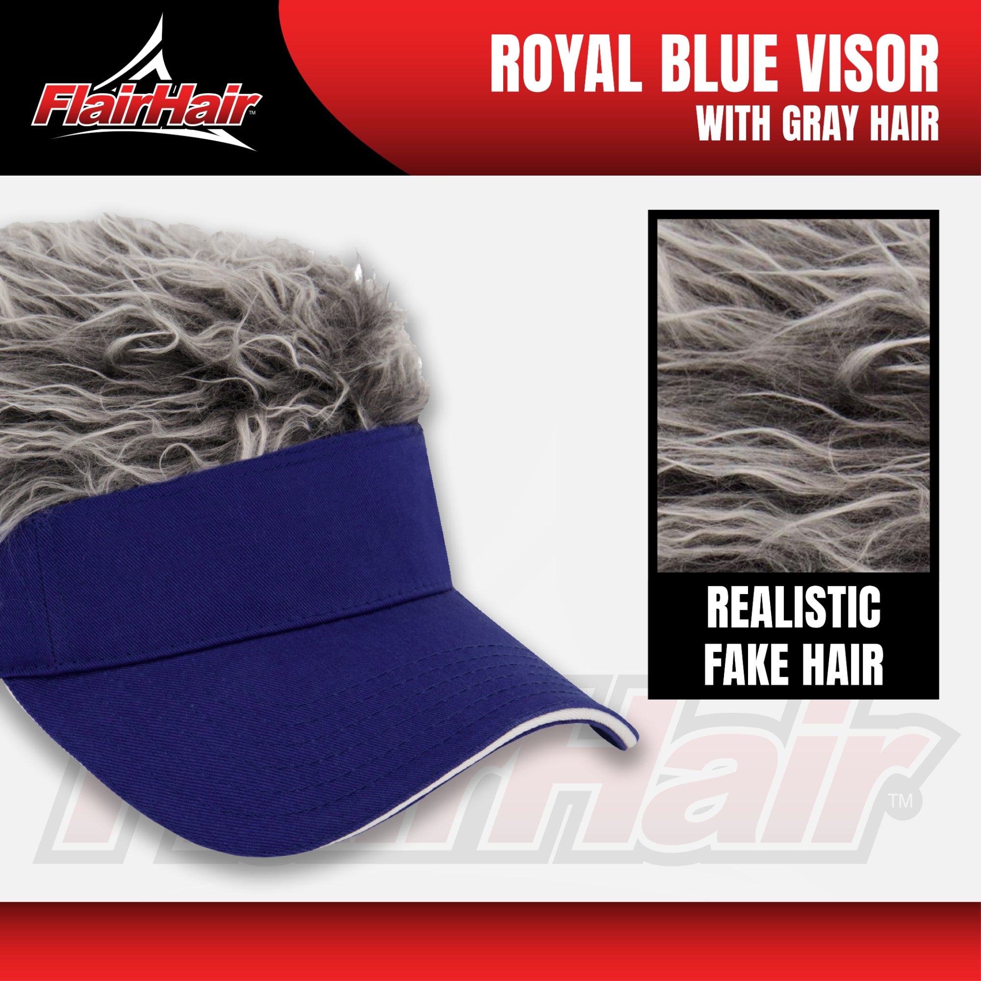 Flair Hair Sun Visor Cap with Fake Hair, Grey Hair with Royal Blue Adjustable Baseball Hat, Royal Blue, One Size