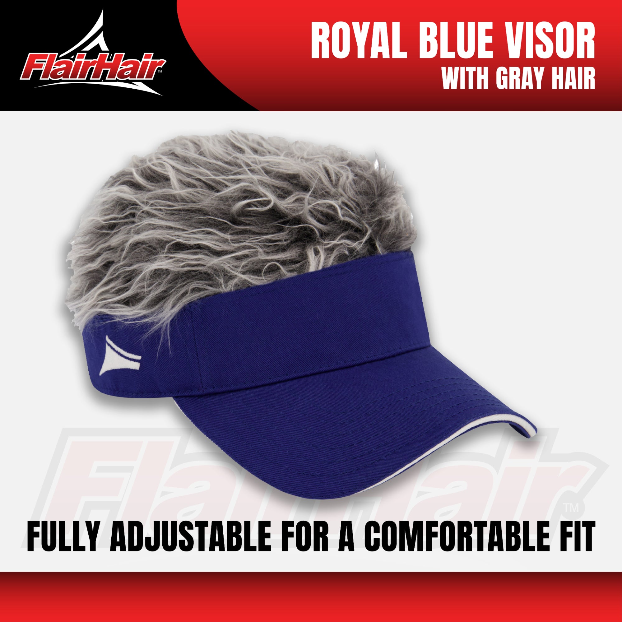 Flair Hair Sun Visor Cap with Fake Hair, Grey Hair with Royal Blue Adjustable Baseball Hat, Royal Blue, One Size