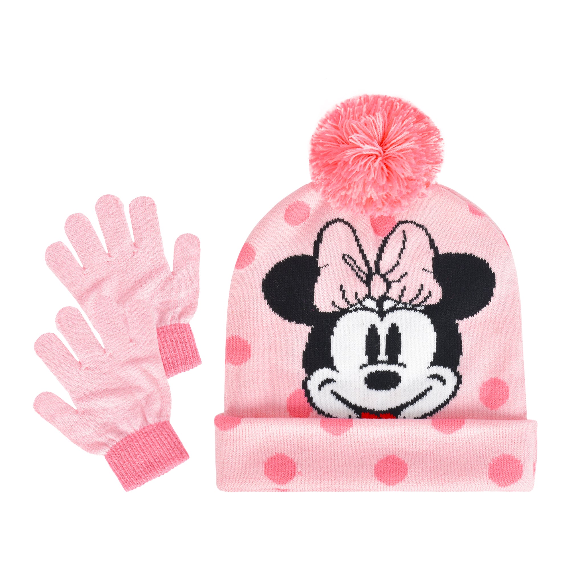 Disney Minnie Mouse Beanie Hat and Gloves Set, Kids Polka Dot Cuffed Winter Knit Cap