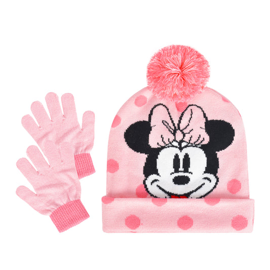 Disney Minnie Mouse Beanie Hat and Gloves Set, Kids Polka Dot Cuffed Winter Knit Cap