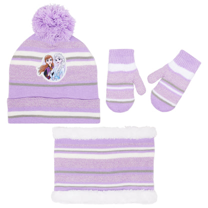 Disney Frozen Toddler Girls’ Winter Hat, Neck Warmer & Mittens Set – Anna & Elsa Purple