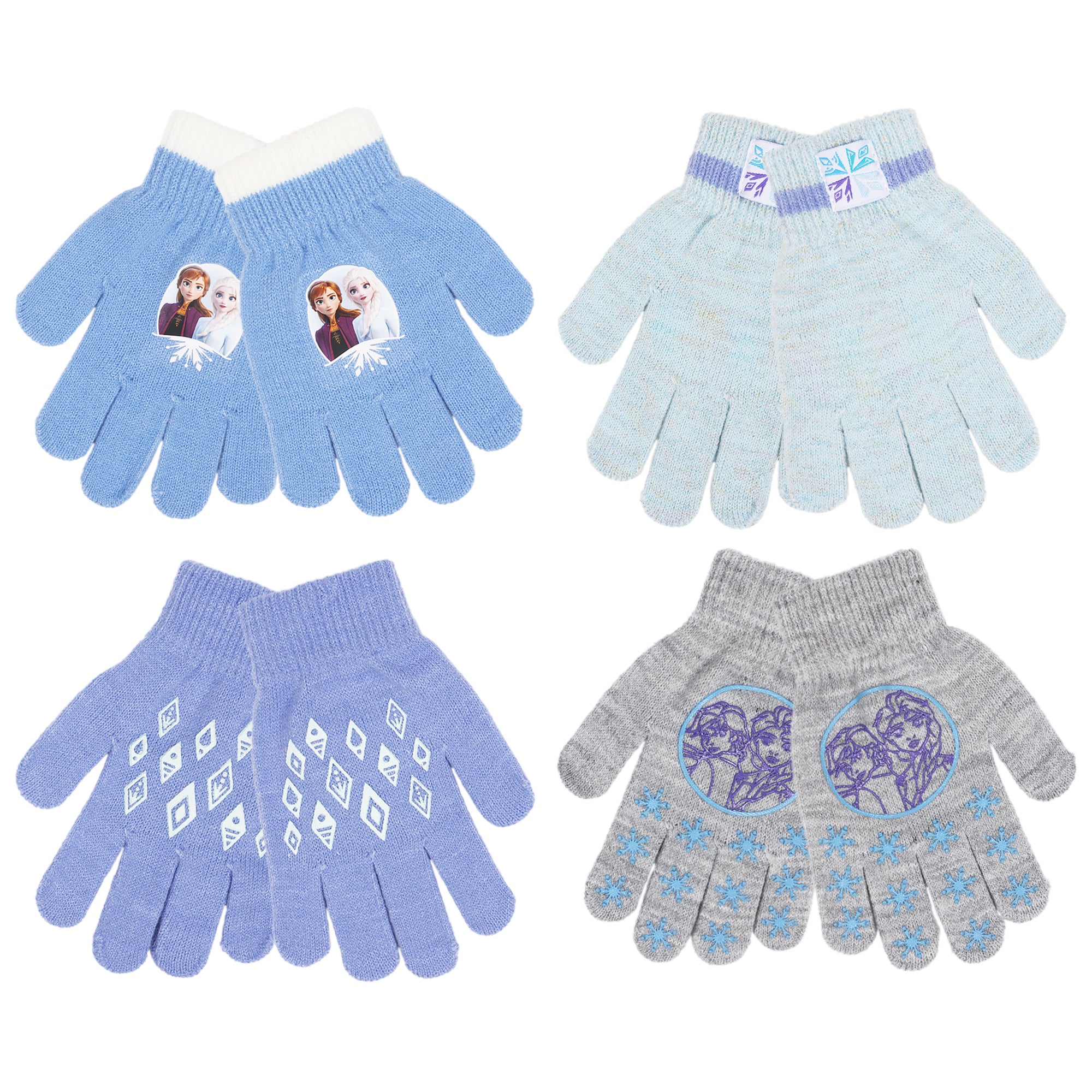 Disney Frozen Anna and Elsa Girls 4-Pack Winter Gloves, Soft Knit Cold Weather Glove Set for Kids, Size 4-7 Years, White/Purple