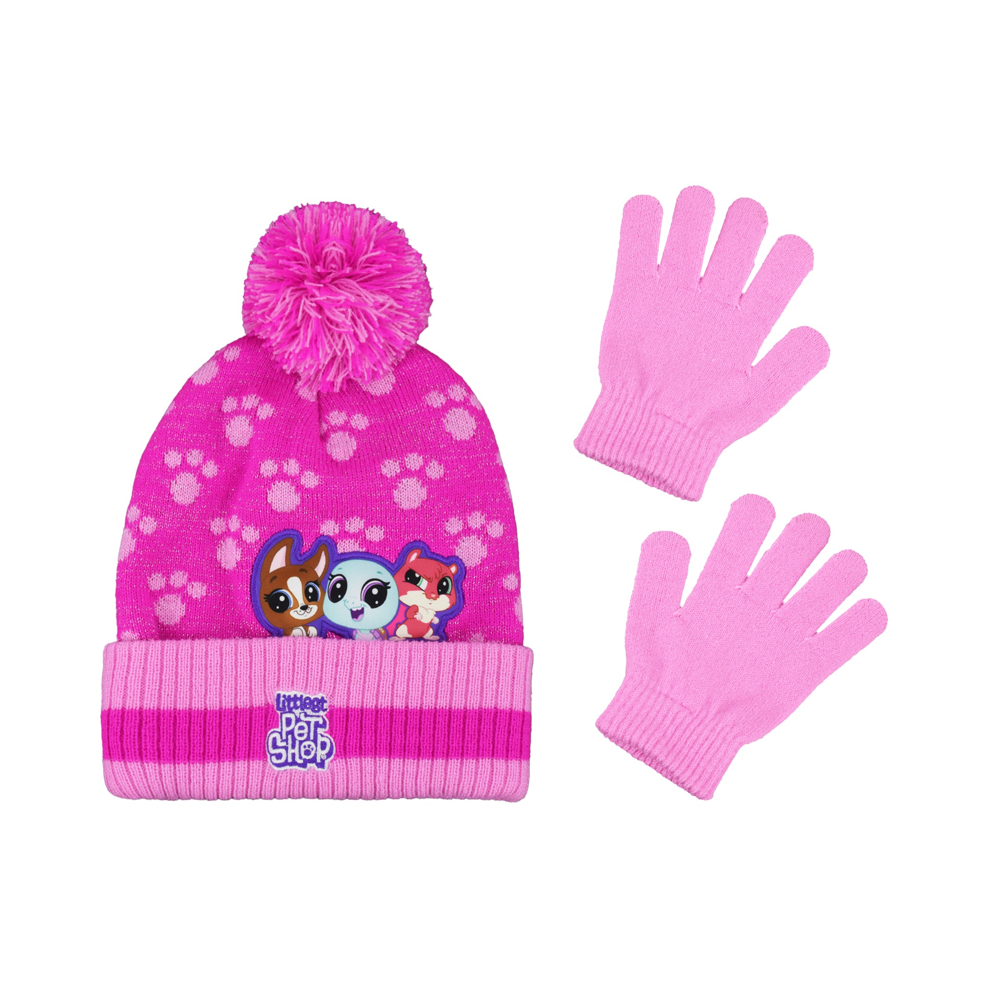 Concept One girls Littlest Pet Shop Beanie Hat and Gloves Set, Girls Winter Knit Cap With Pom and Matching Mittens