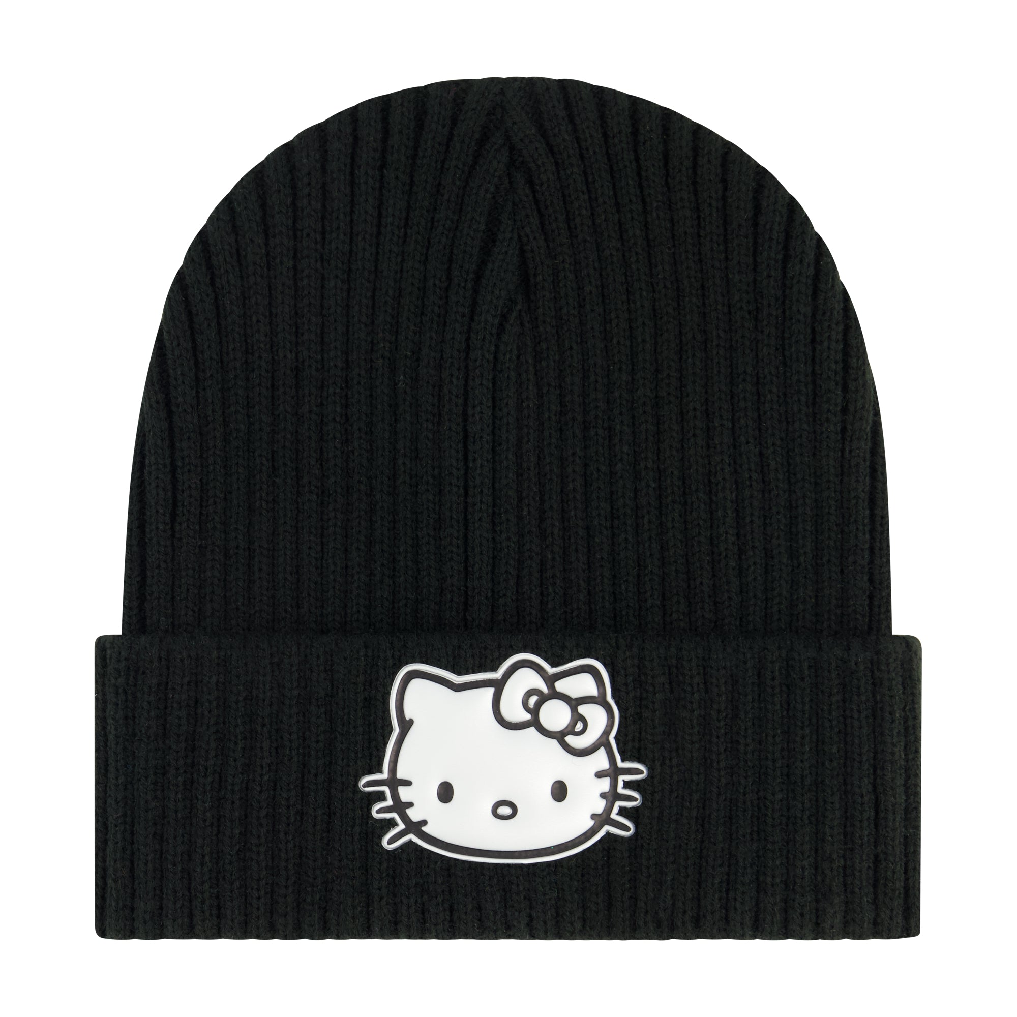 Hello Kitty Beanie Hat, Women's Cuffed Ribbed Knit Winter Cap, Black, One Size