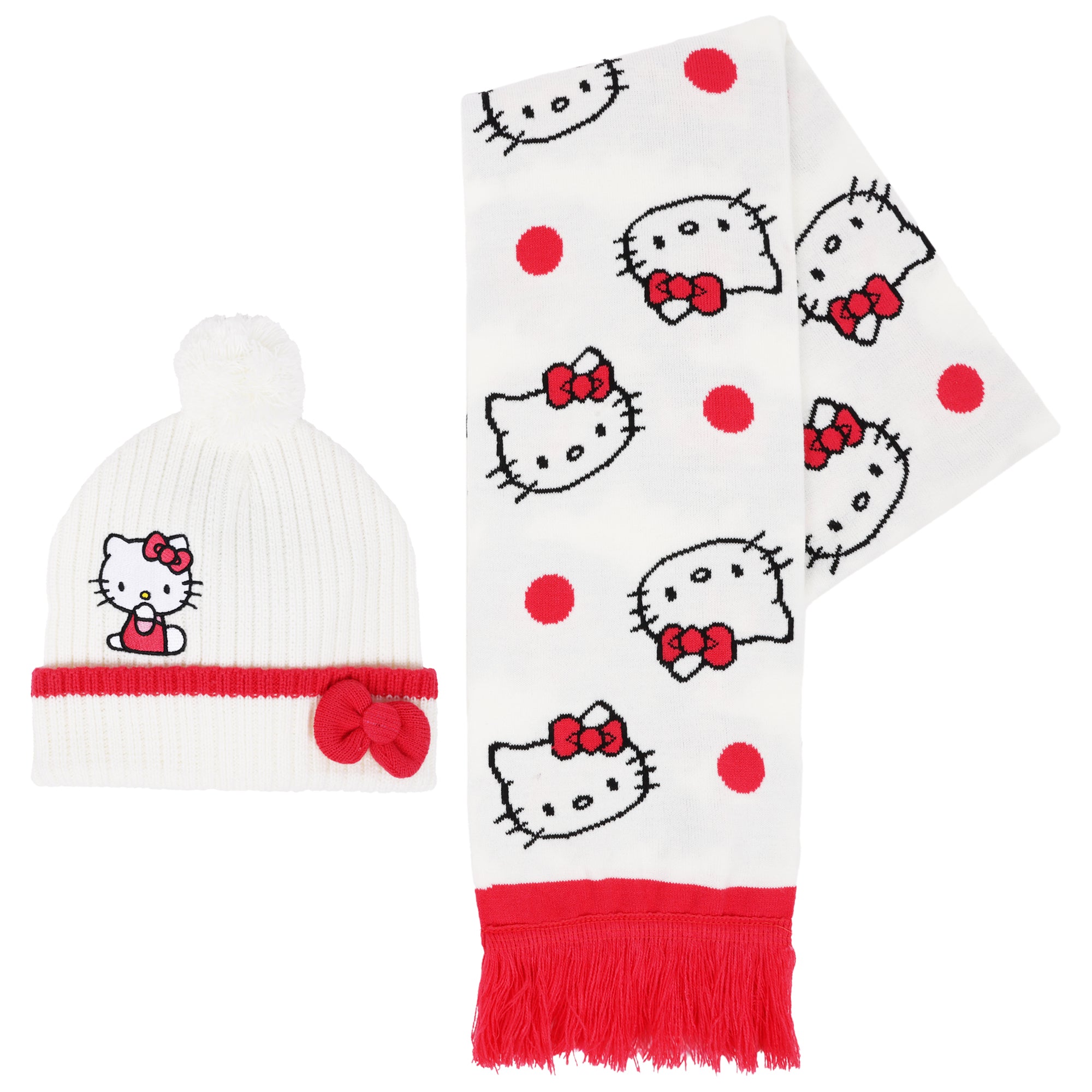 Sanrio Hello Kitty Pattern Scarf and 3D Bow Beanie Set
