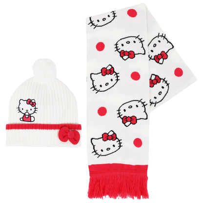 Sanrio Hello Kitty Pattern Scarf and 3D Bow Beanie Set