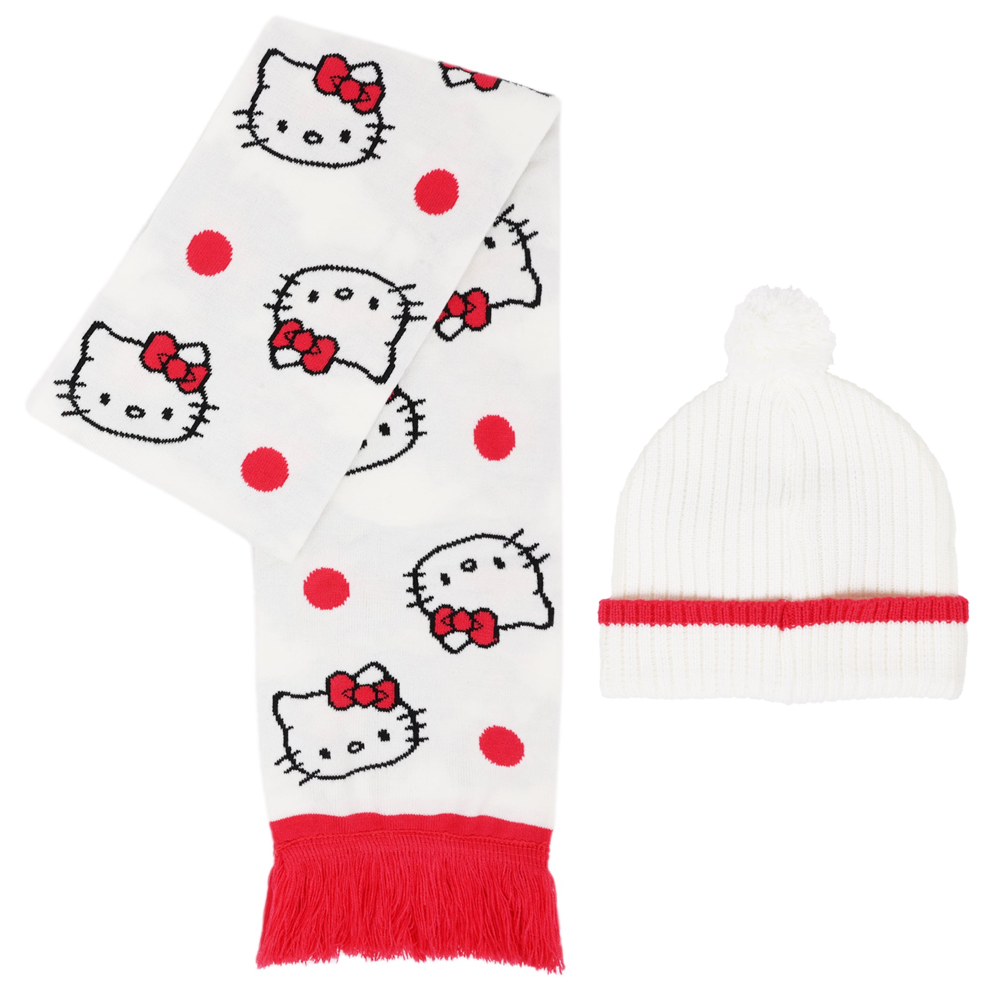 Sanrio Hello Kitty Pattern Scarf and 3D Bow Beanie Set