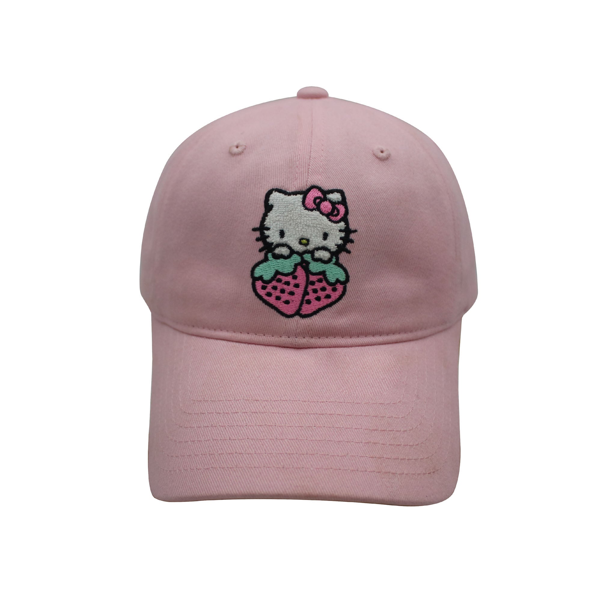 Hello Kitty Dad Hat, Strawberries Adjustable Baseball Cap with Curved Brim, Pink, One