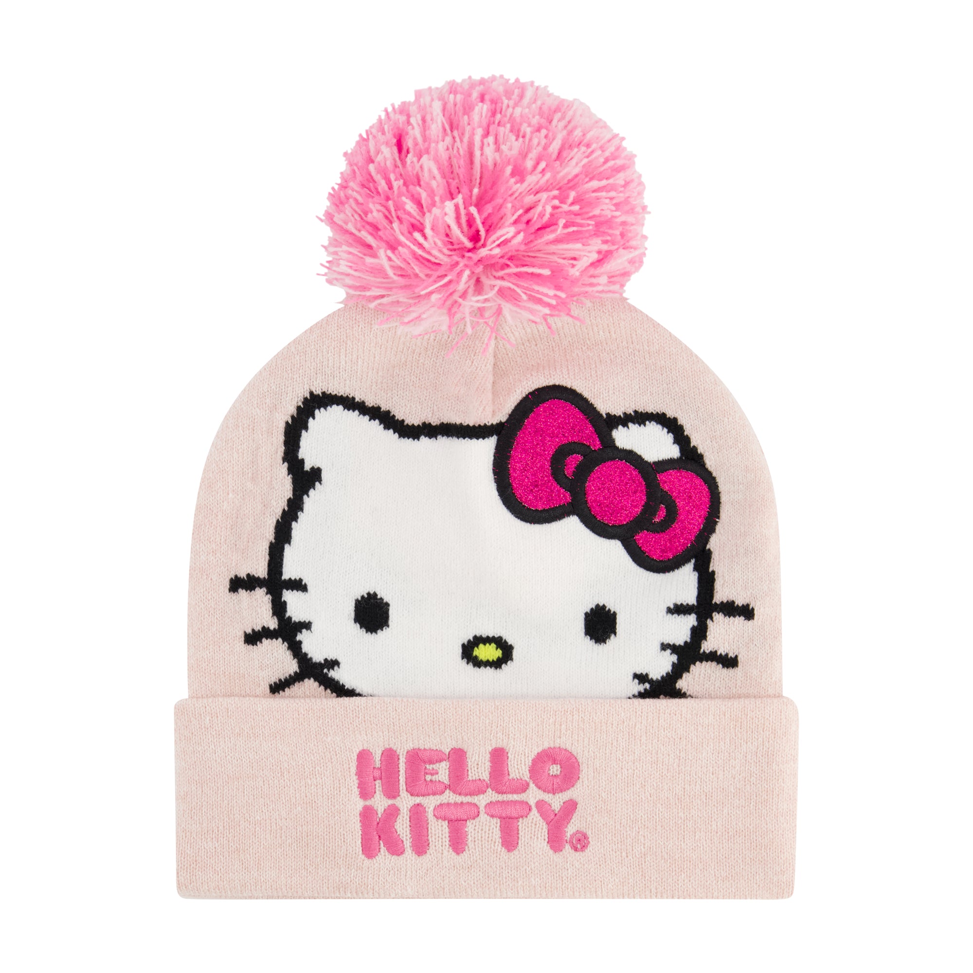Hello Kitty Beanie Hat and Gloves Set, Girls Cuffed Marled Winter Knit Cap with Pom and Matching Mittens, Pink, One Size