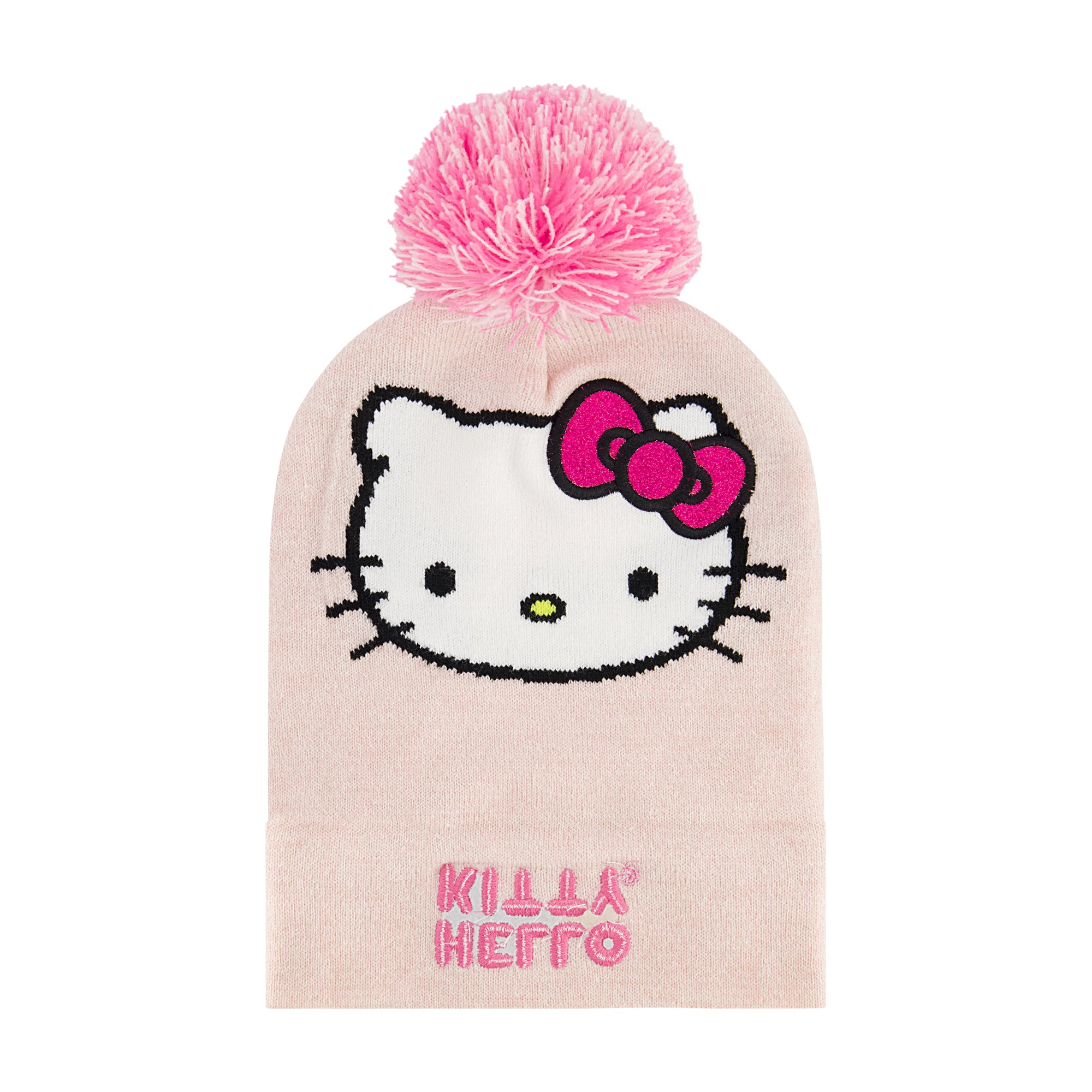 Hello Kitty Beanie Hat and Gloves Set, Girls Cuffed Marled Winter Knit Cap with Pom and Matching Mittens, Pink, One Size