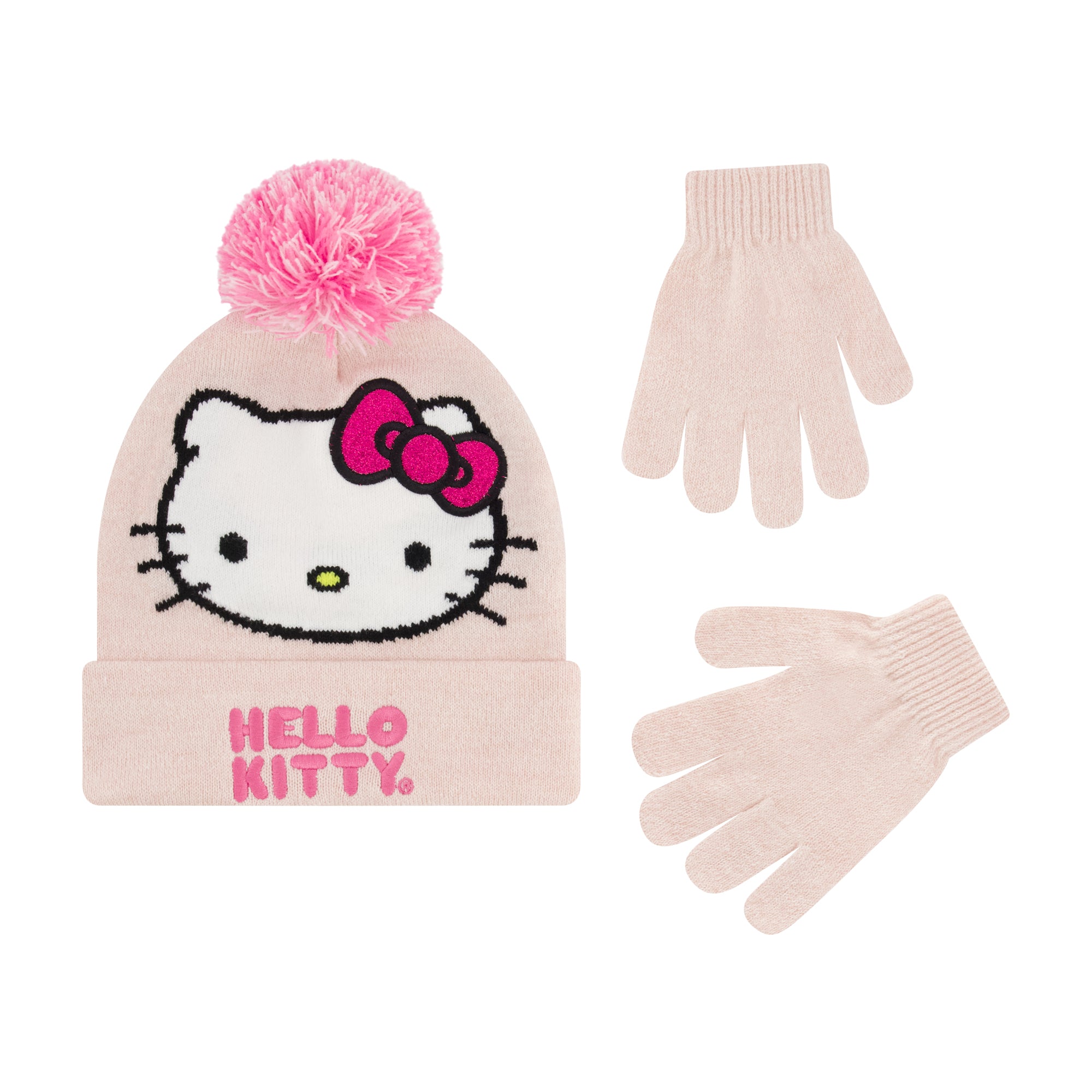 Hello Kitty Beanie Hat and Gloves Set, Girls Cuffed Marled Winter Knit Cap with Pom and Matching Mittens, Pink, One Size