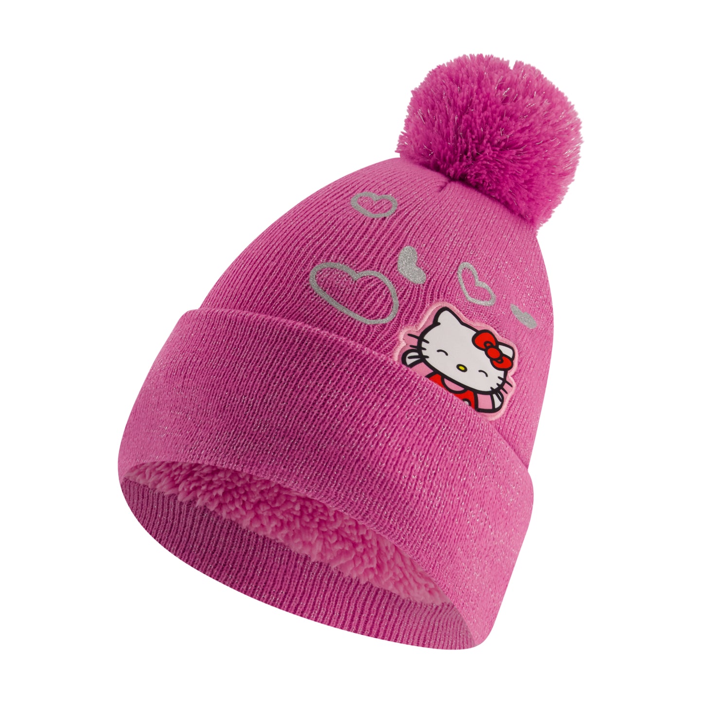 Hello Kitty Girls Beanie Hat and Gloves Set, Cuffed Knit Cap with Pom and Matching Mittens, Pink, One Size