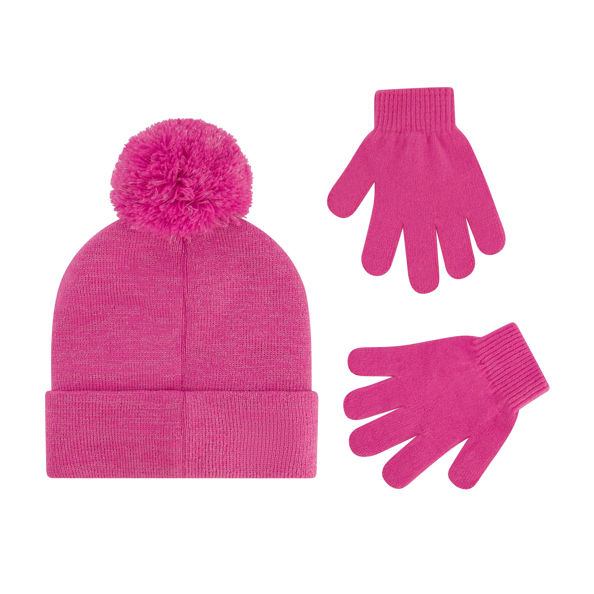 Hello Kitty Girls Beanie Hat and Gloves Set, Cuffed Knit Cap with Pom and Matching Mittens, Pink, One Size