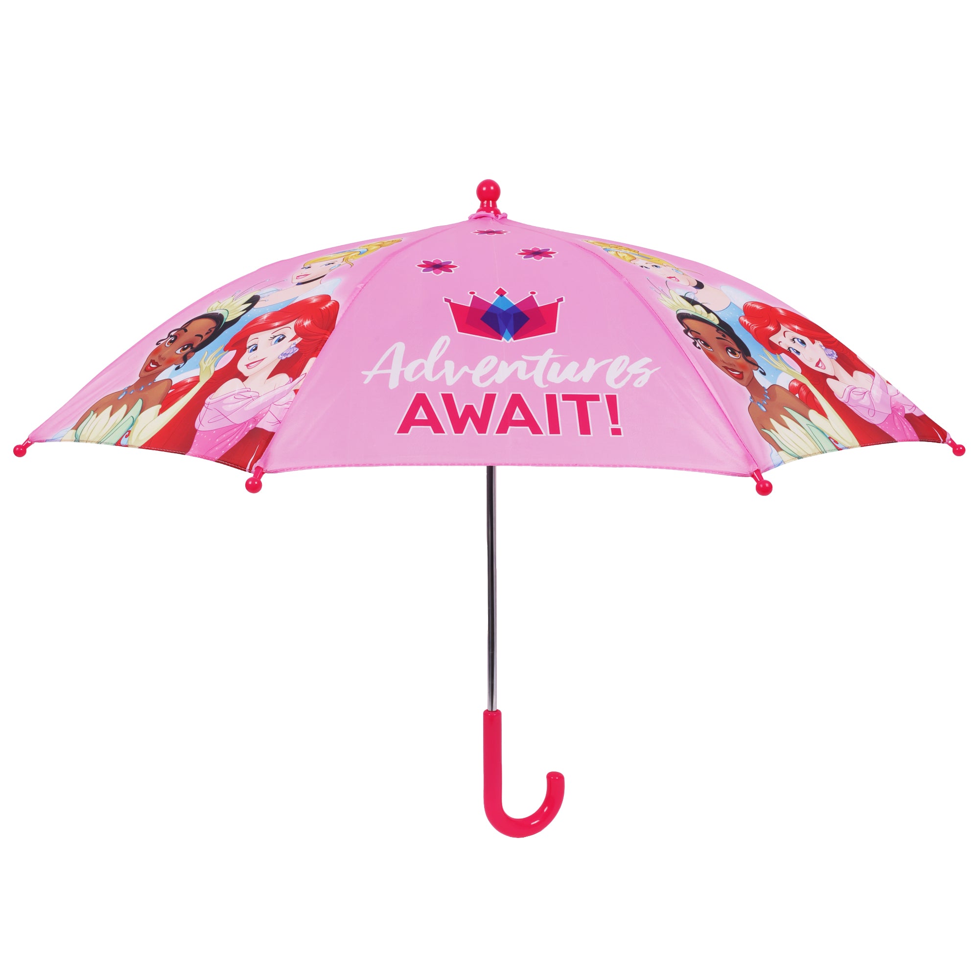 Disney Princess “Adventures Await” Kids Umbrella – 31” Arc Pink Umbrella with Ariel, Tiana & Cinderella