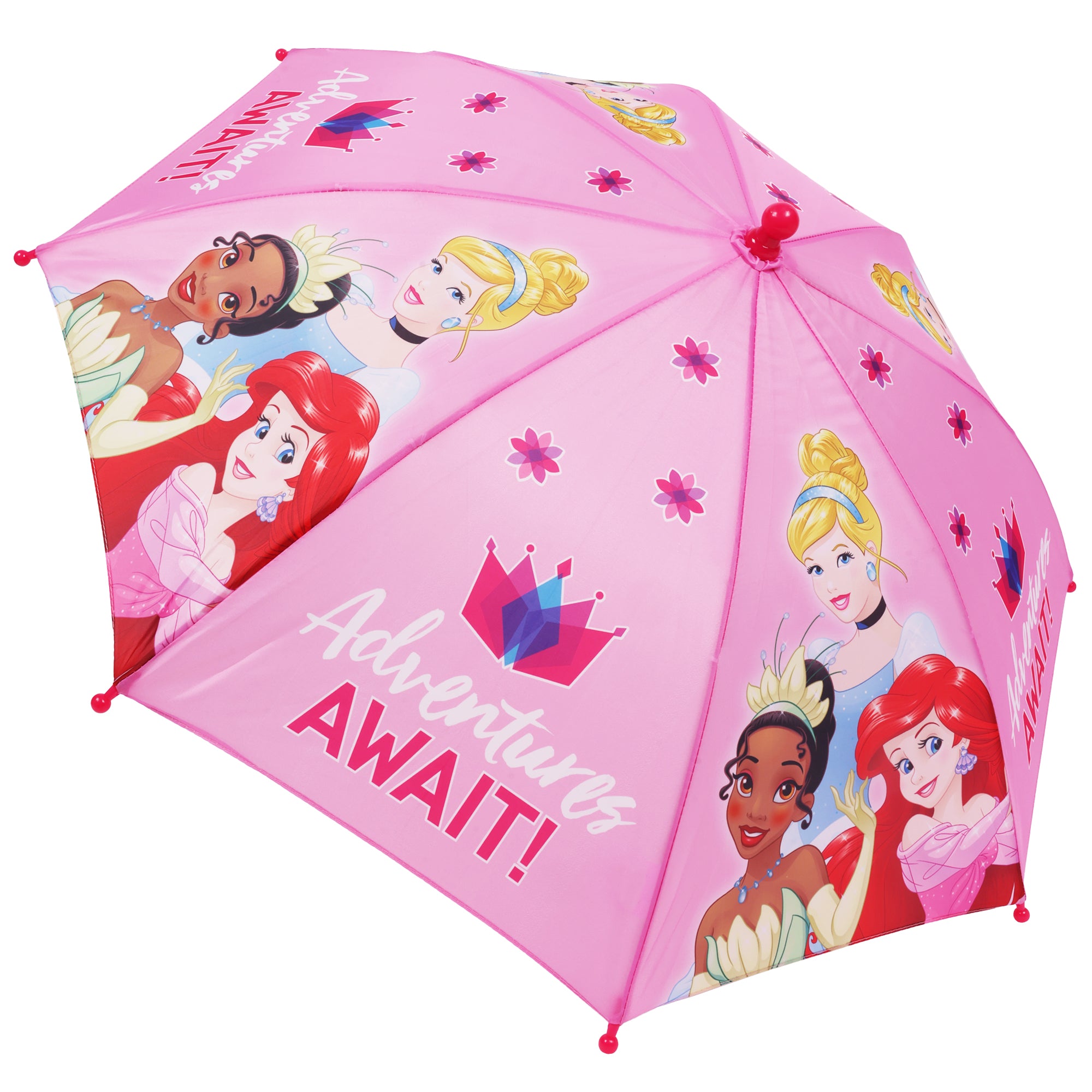 Disney Princess “Adventures Await” Kids Umbrella – 31” Arc Pink Umbrella with Ariel, Tiana & Cinderella