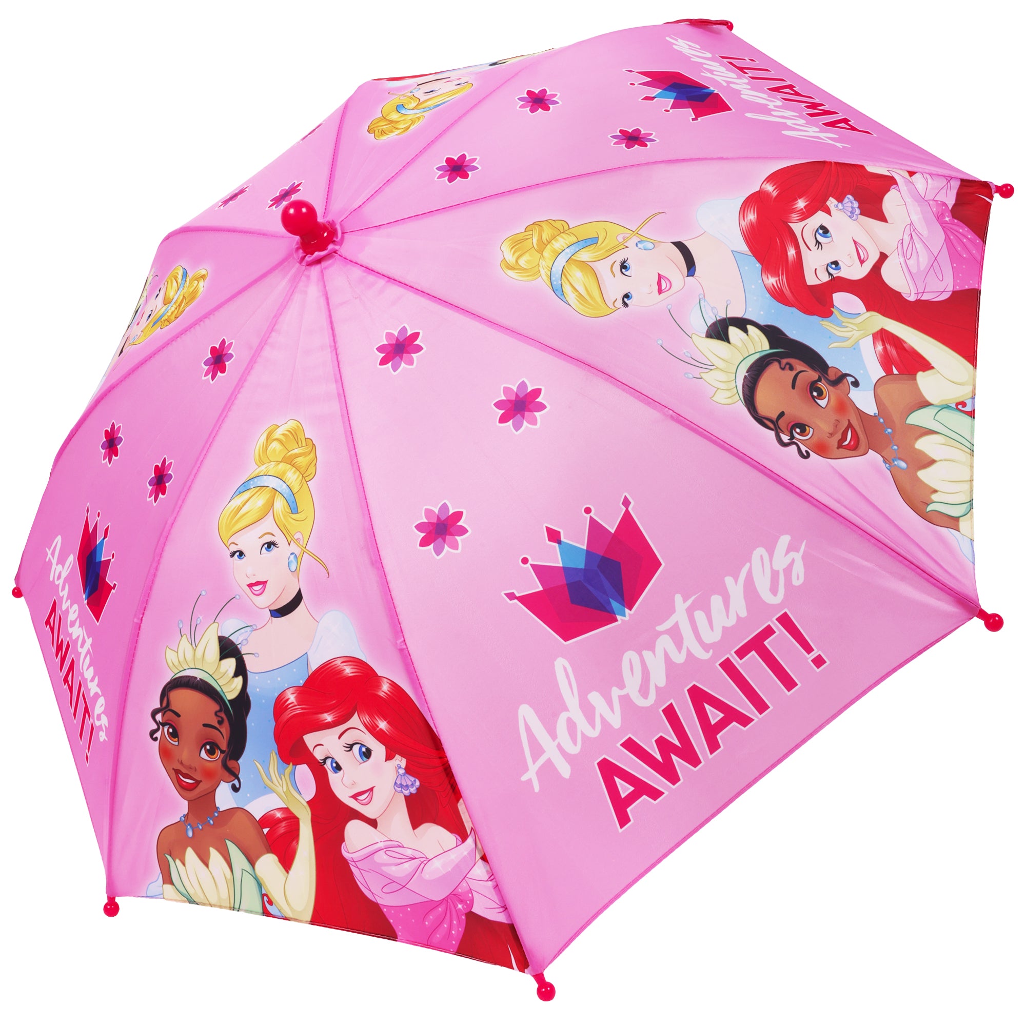 Disney Princess “Adventures Await” Kids Umbrella – 31” Arc Pink Umbrella with Ariel, Tiana & Cinderella