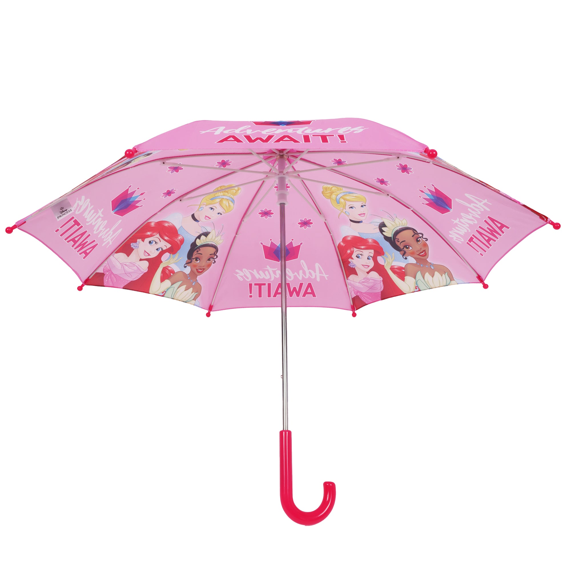 Disney Princess “Adventures Await” Kids Umbrella – 31” Arc Pink Umbrella with Ariel, Tiana & Cinderella
