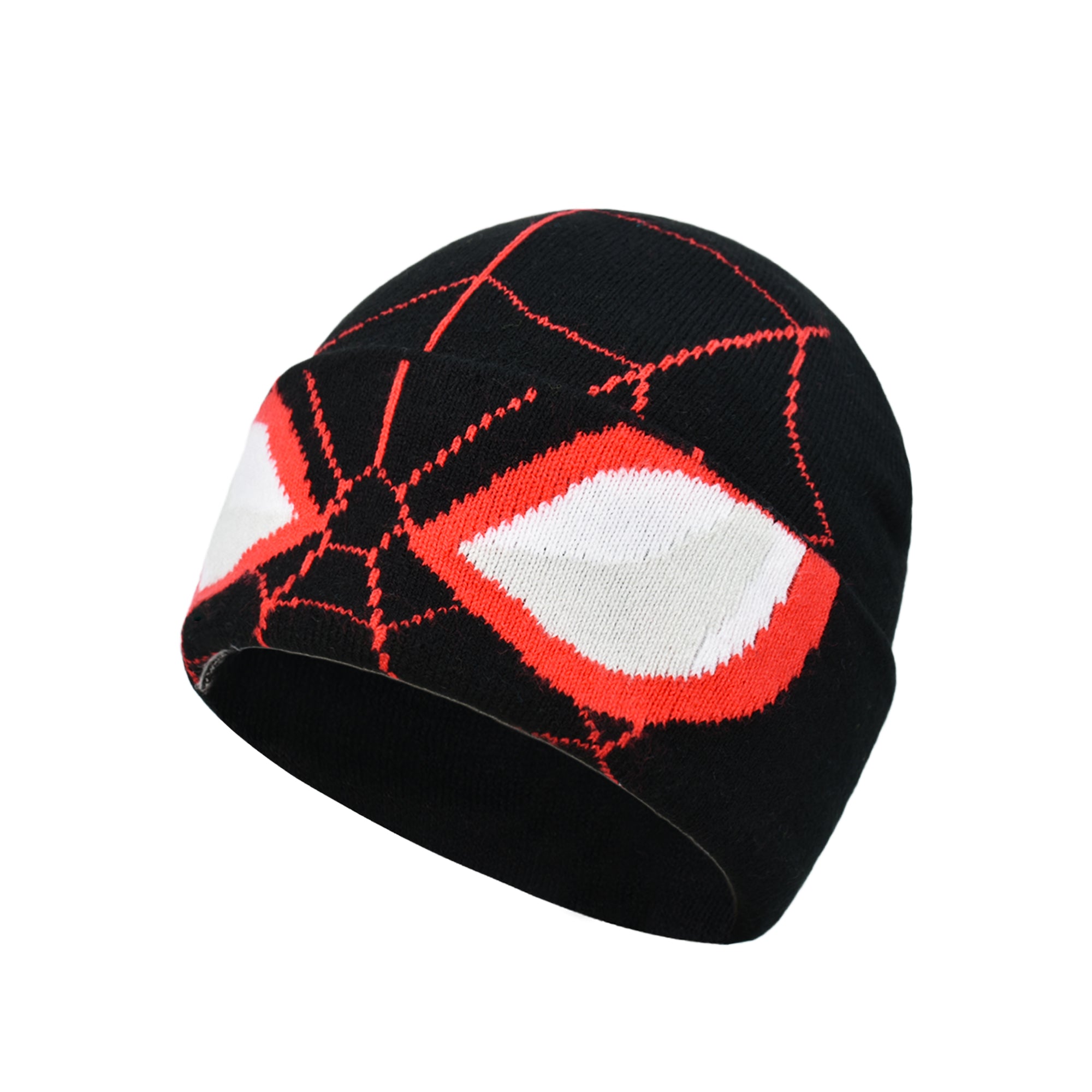 Spider-Themed Roll-Down Beanie with Mesh Eye Design - Black/Red