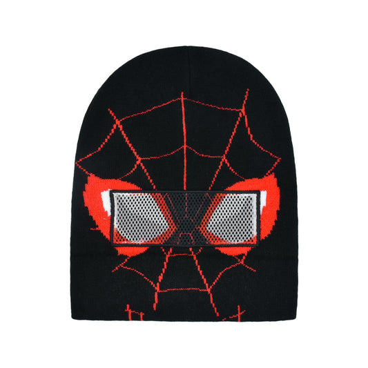 Spider-Themed Roll-Down Beanie with Mesh Eye Design - Black/Red