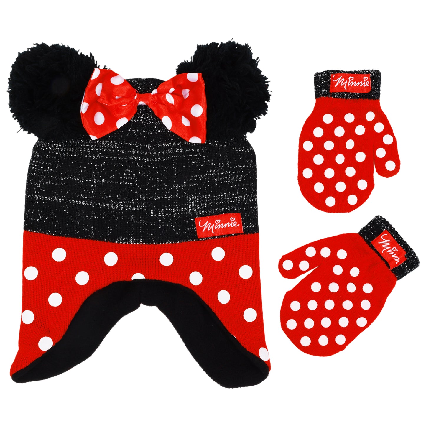 Disney Minnie Mouse Toddler Girls’ Winter Hat & Mittens Set – 2-Piece Knit Ear Flap Beanie with Polka Dots