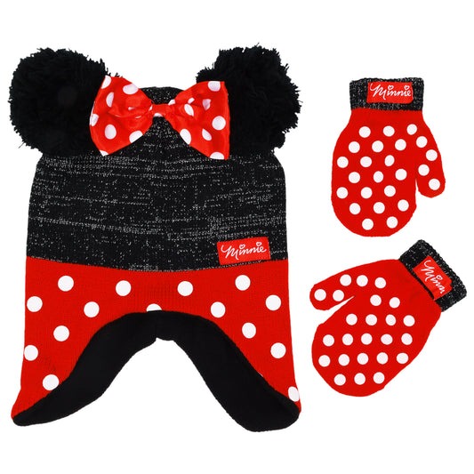 Disney Minnie Mouse Toddler Girls’ Winter Hat & Mittens Set – 2-Piece Knit Ear Flap Beanie with Polka Dots