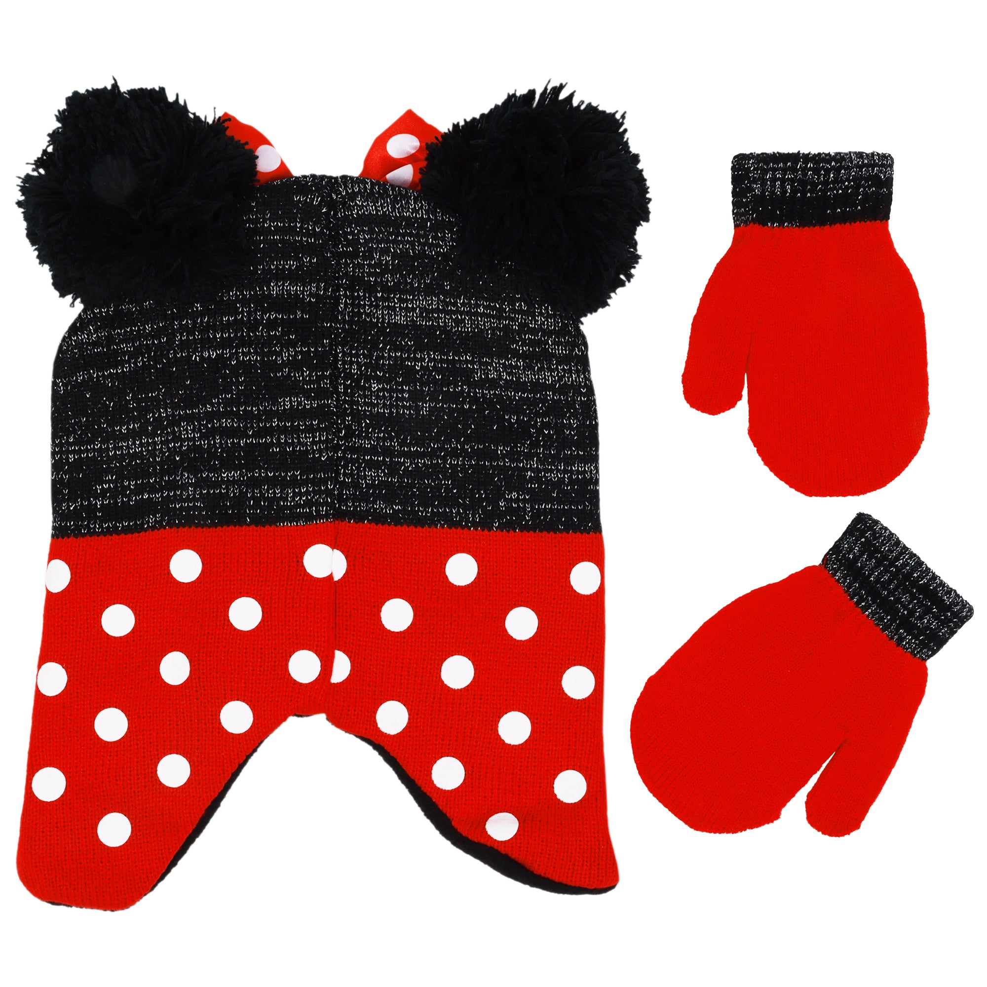 Disney Minnie Mouse Toddler Girls’ Winter Hat & Mittens Set – 2-Piece Knit Ear Flap Beanie with Polka Dots