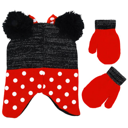 Disney Minnie Mouse Toddler Girls’ Winter Hat & Mittens Set – 2-Piece Knit Ear Flap Beanie with Polka Dots