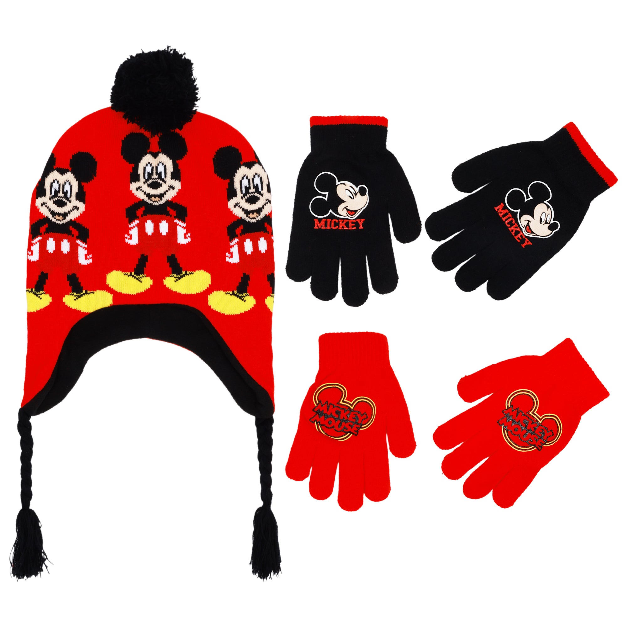 Disney Boys’ Mickey Mouse Winter Hat & 2-Pair Gloves Set – Knit Ear Flap Beanie with Pom and Character Gloves (Ages 4–7)