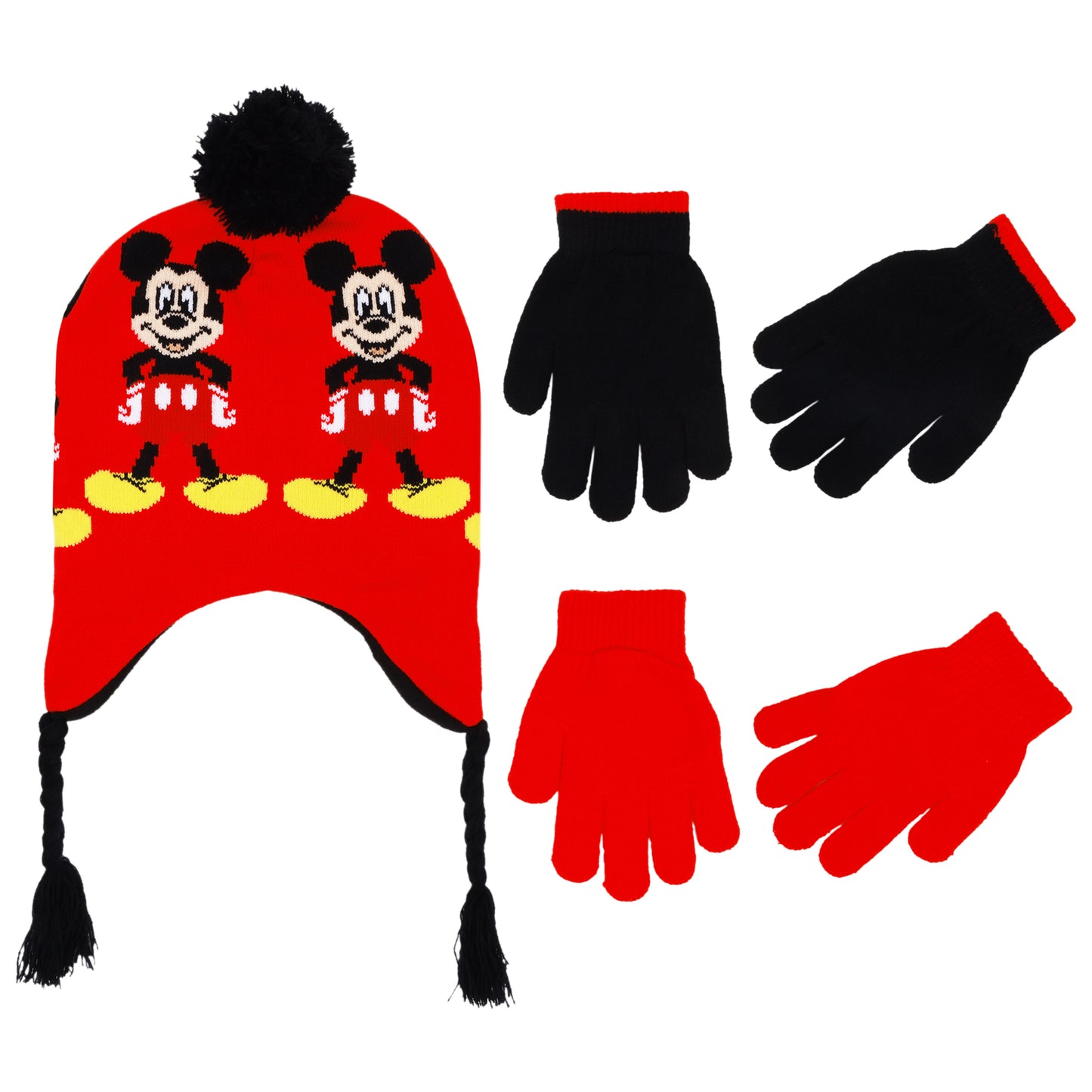 Disney Boys’ Mickey Mouse Winter Hat & 2-Pair Gloves Set – Knit Ear Flap Beanie with Pom and Character Gloves (Ages 4–7)