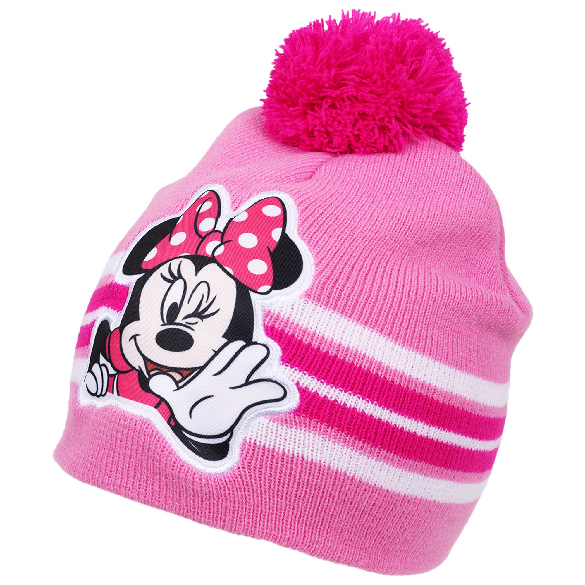 Disney Minnie Mouse Girls 3-Piece Winter Set – Pom Pom Beanie Hat, Striped Scarf & Knit Gloves – Cold Weather Accessory Set