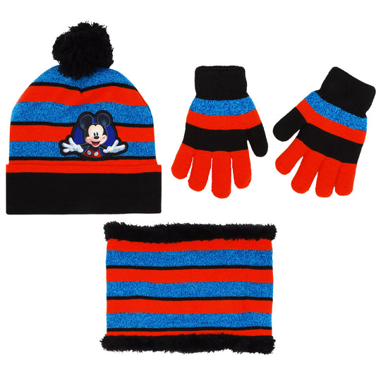 Disney Mickey Mouse Boys’ Winter Hat, Scarf & Gloves Set – 3-Piece Fleece-Lined Knit Cold Weather Set (Ages 4–7)
