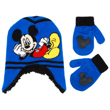 Disney Mickey Mouse Toddler Winter Hat & Mittens Set – Knit Sherpa-Lined Beanie for Boys (Ages 2–4)