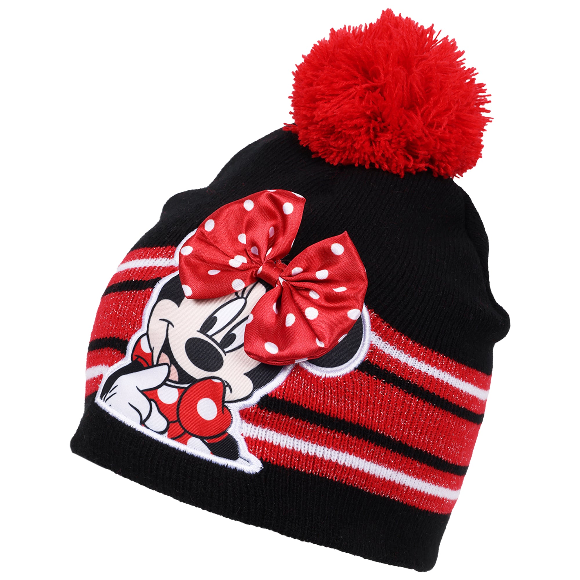 Disney Minnie Mouse Girls 3-Piece Winter Set – Pom Pom Beanie Hat, Striped Scarf & Knit Gloves – Cold Weather Accessory Set