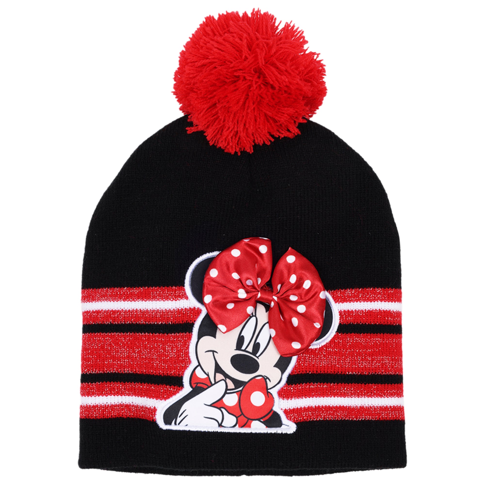 Disney Minnie Mouse Girls 3-Piece Winter Set – Pom Pom Beanie Hat, Striped Scarf & Knit Gloves – Cold Weather Accessory Set