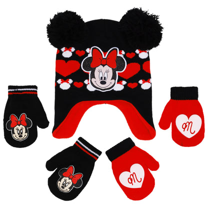Disney Minnie Mouse Toddler Girls Winter Hat with 2 Pairs of Mittens